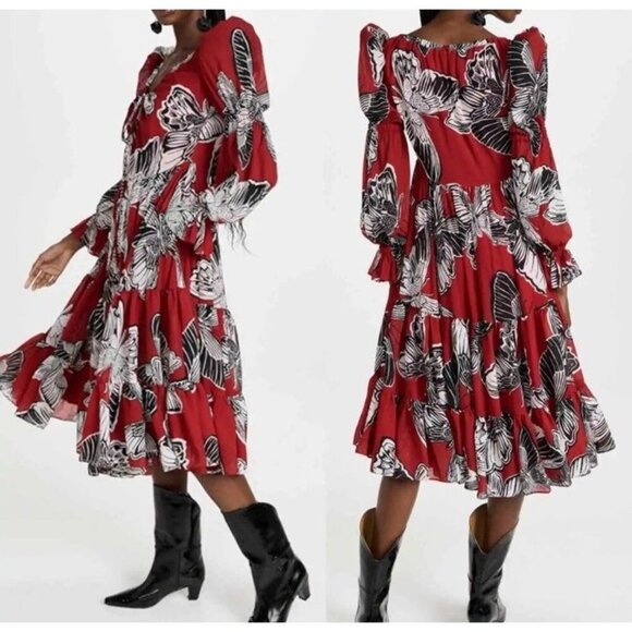 Autumn Adeigbo Sz 2 Dress Red Black Georgette Butterfly Luxury Designer Retro - Picture 1 of 12
